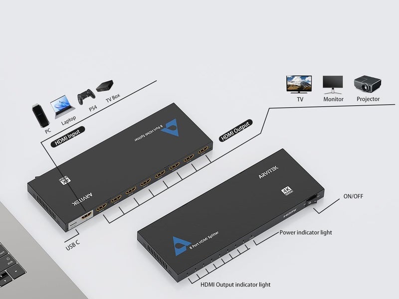 Arvitek HDMI Splitter 1 in 8 Out, 1x8 HDMI Splitter for HDTV TV Monitor, 4K@30Hz, Mirror 1 Source to 8 Displays Simultaneously, (Mirror Only) - Image 4